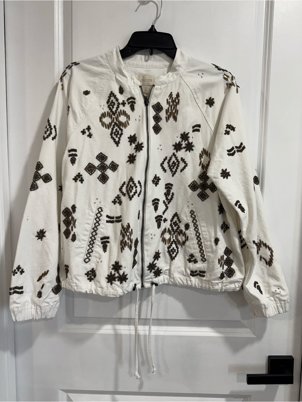 Chico's Beaded Aztec Southwestern Full Zip Jacket White Cream Size 2 Large - Picture 3 of 14